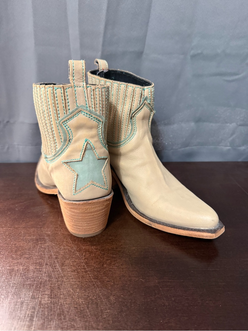 Liberty Black Ankle Cowboy Boots with Mint Star Accent - Cream